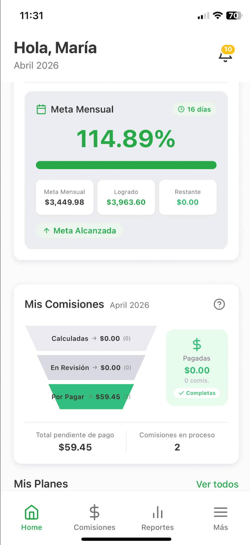 App Móvil - Pantalla Principal - Compensix software de cálculo de comisiones
